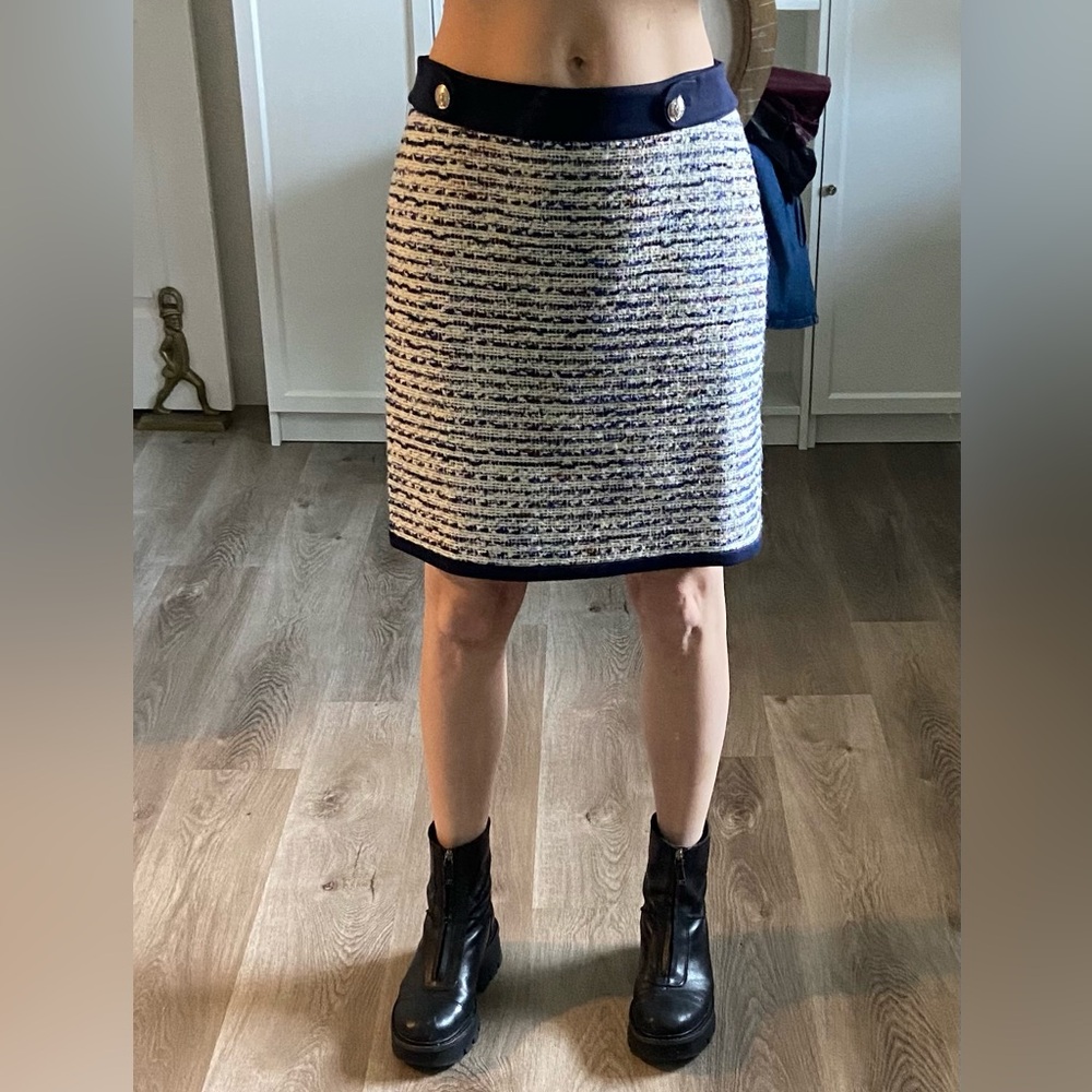 White House Black Market Navy and Cream Tweed Mini Skirt